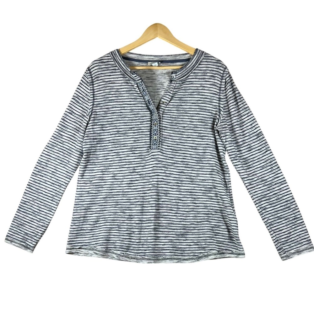 Sundance Womens Blue Striped Waffle Knit Henley Top Embroidered Detail Large - Picture 2 of 9